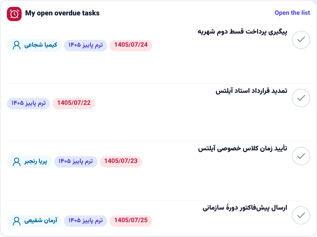 The "My open overdue tasks" tile, with past due dates in red