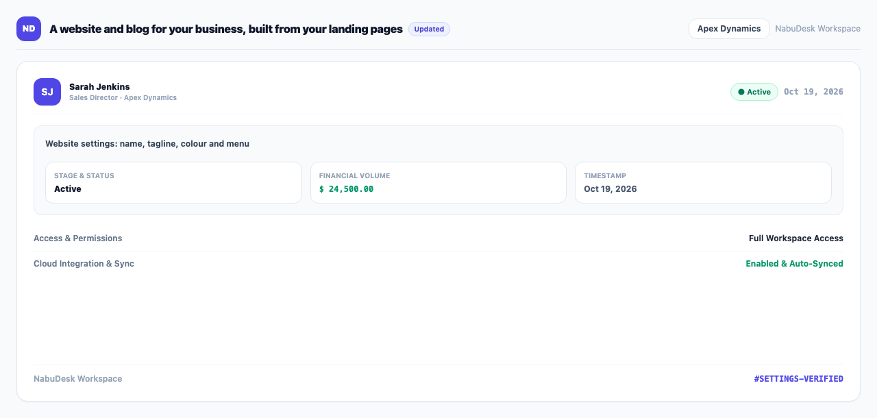 Website settings: name, tagline, colour and menu
