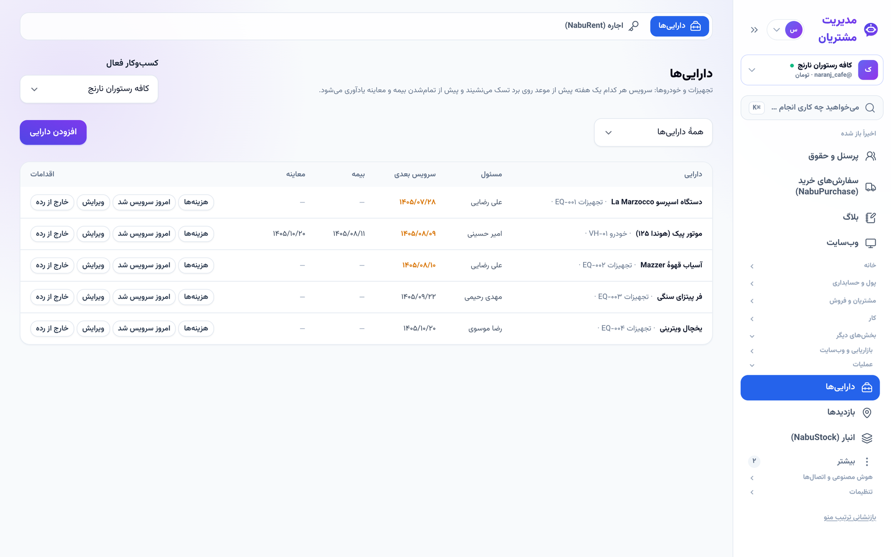فهرست داراییها با سرویس بعدی و سررسید بیمه