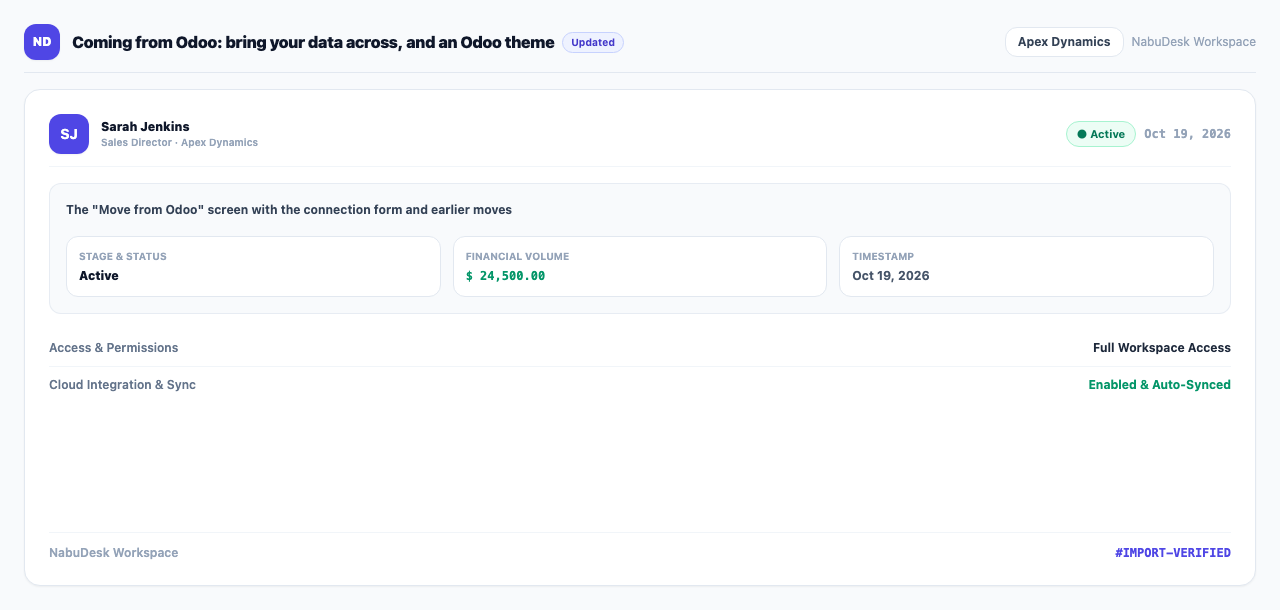 The "Move from Odoo" screen with the connection form and earlier moves