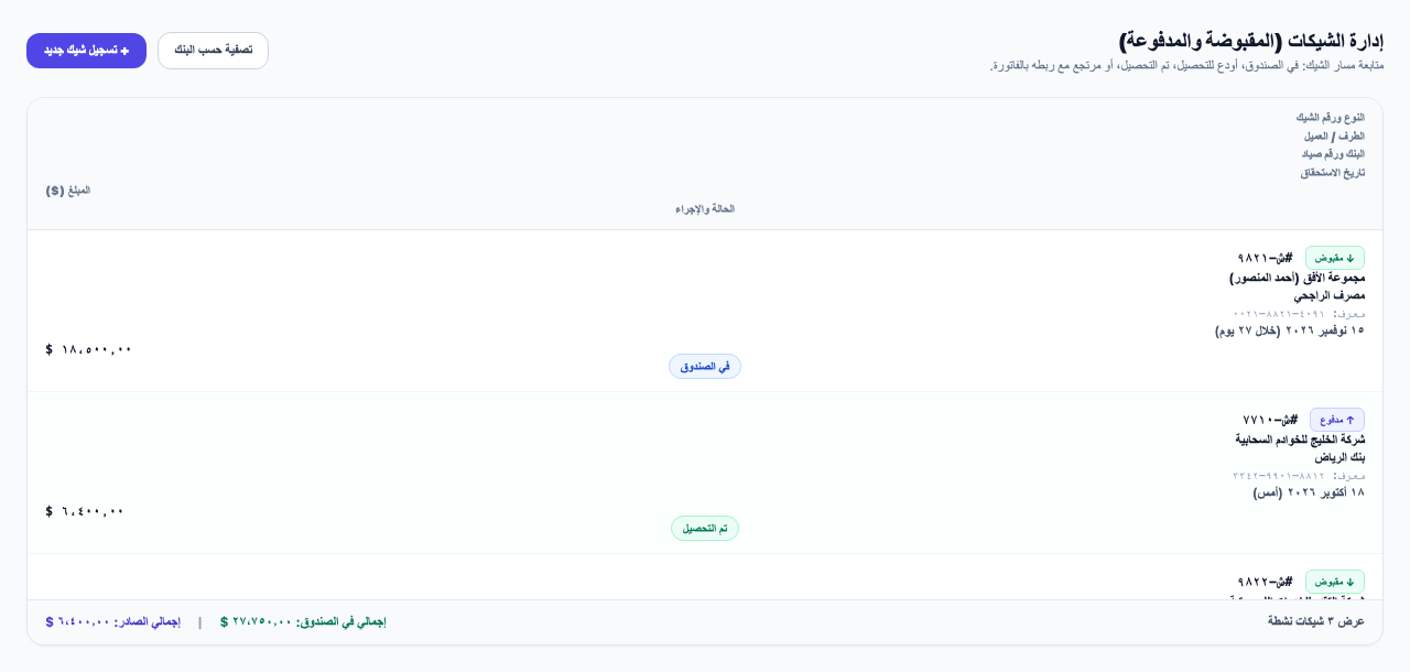 الشيكات الواردة والصادرة مع حالة كل شيك