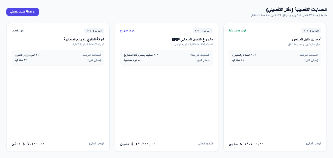 الحسابات التفصيلية مع رصيد وبطاقة لكل منها
