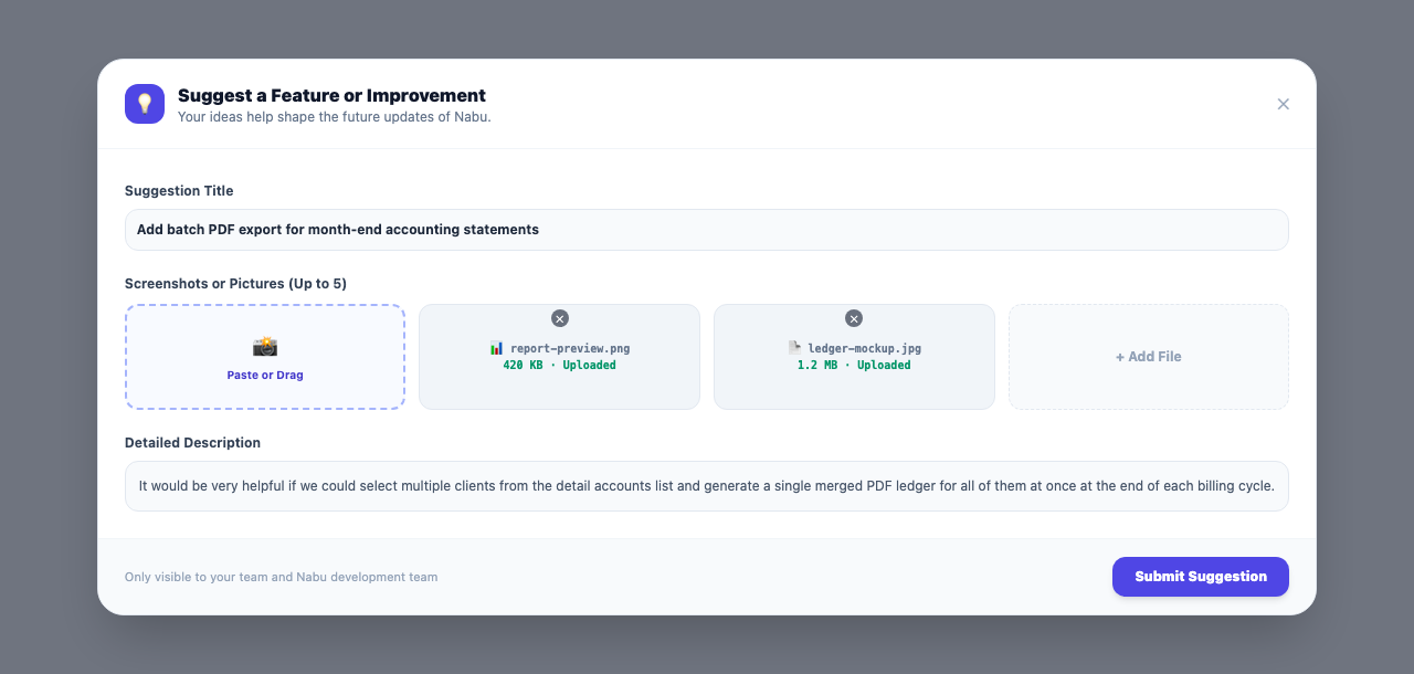 The suggestion form with pictures and earlier suggestions