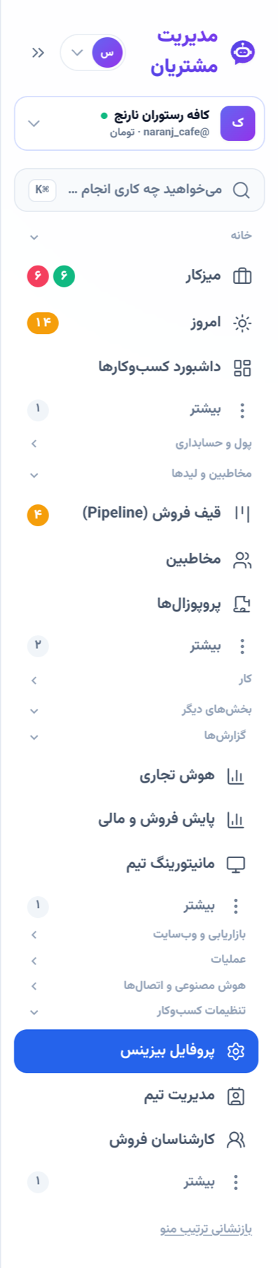 منوی تازه با بخشهای گزارشها و تنظیمات کسبوکار