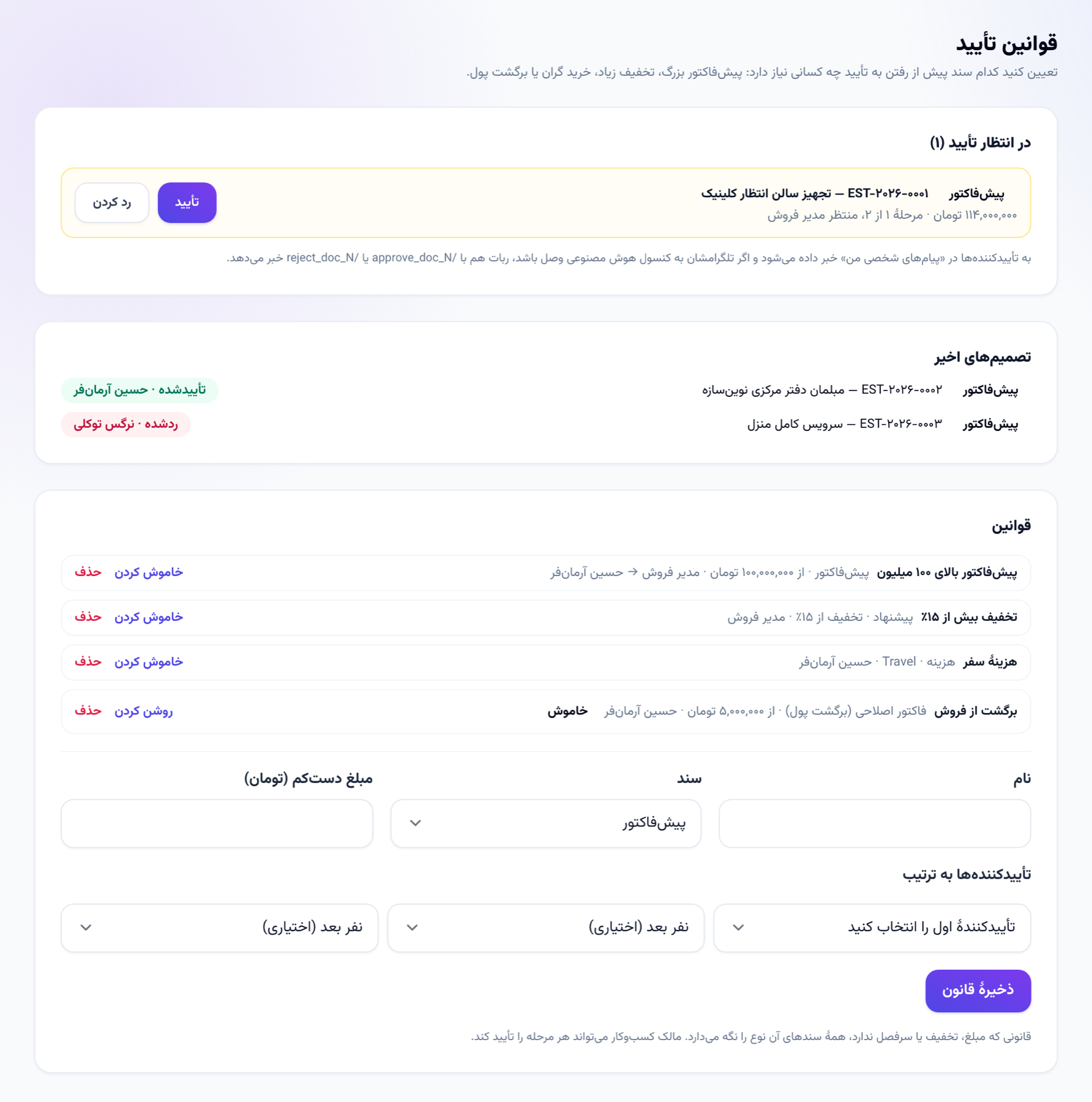 قوانین تأیید: پیشفاکتوری که منتظر تأیید مدیر فروش است، تصمیمهای اخیر و قانونها