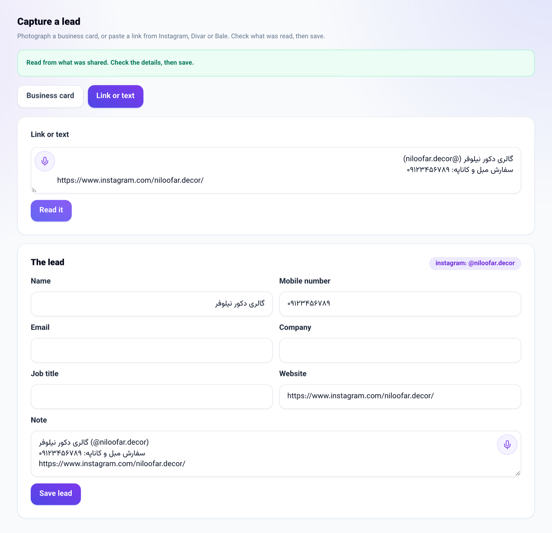 An Instagram link and text read into a lead: name, number, website and handle, ready to check and save