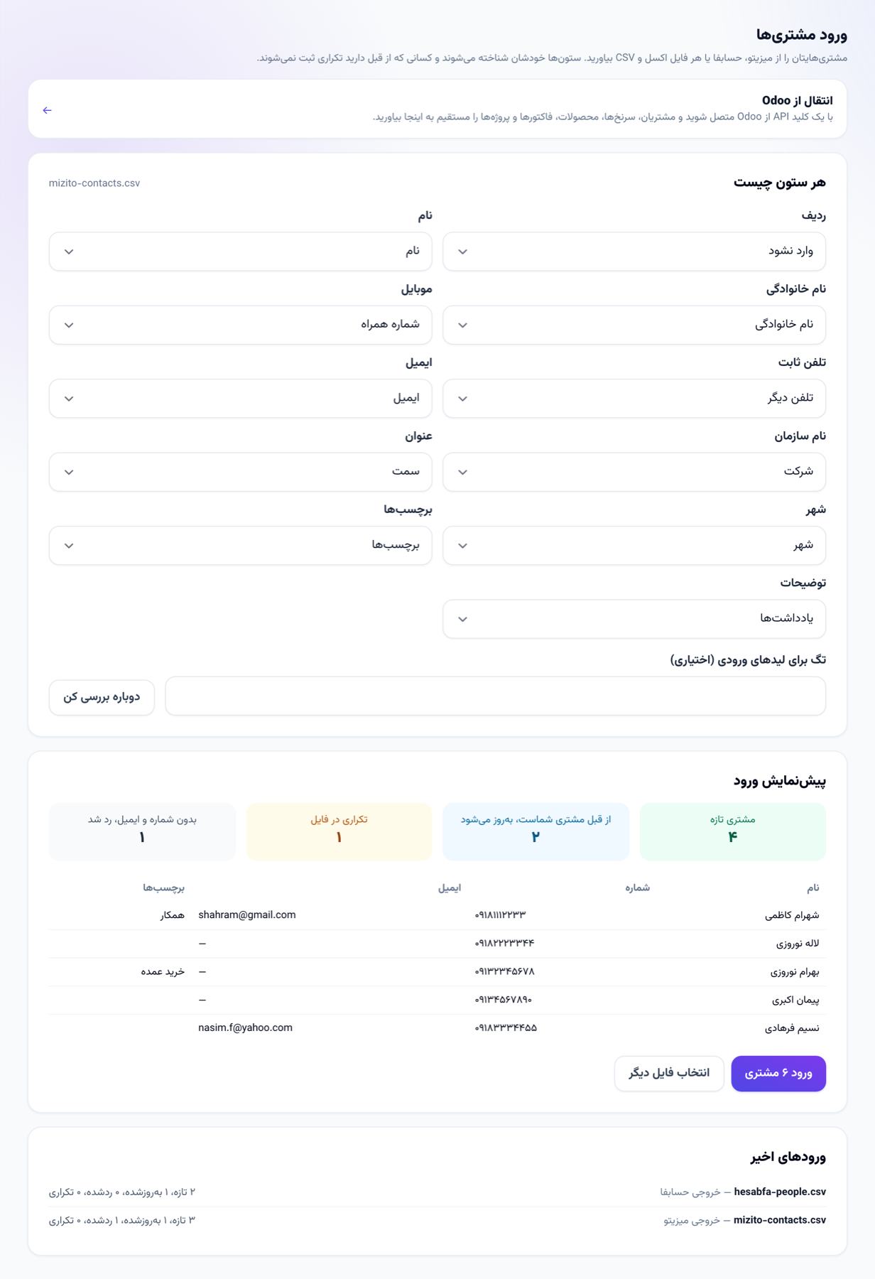 خروجی میزیتو خوانده شد: ستونها شناخته شدهاند و معلوم است چند مشتری تازهاند، چندتا از قبل هستند، چندتا تکراریاند و چندتا شماره ندارند