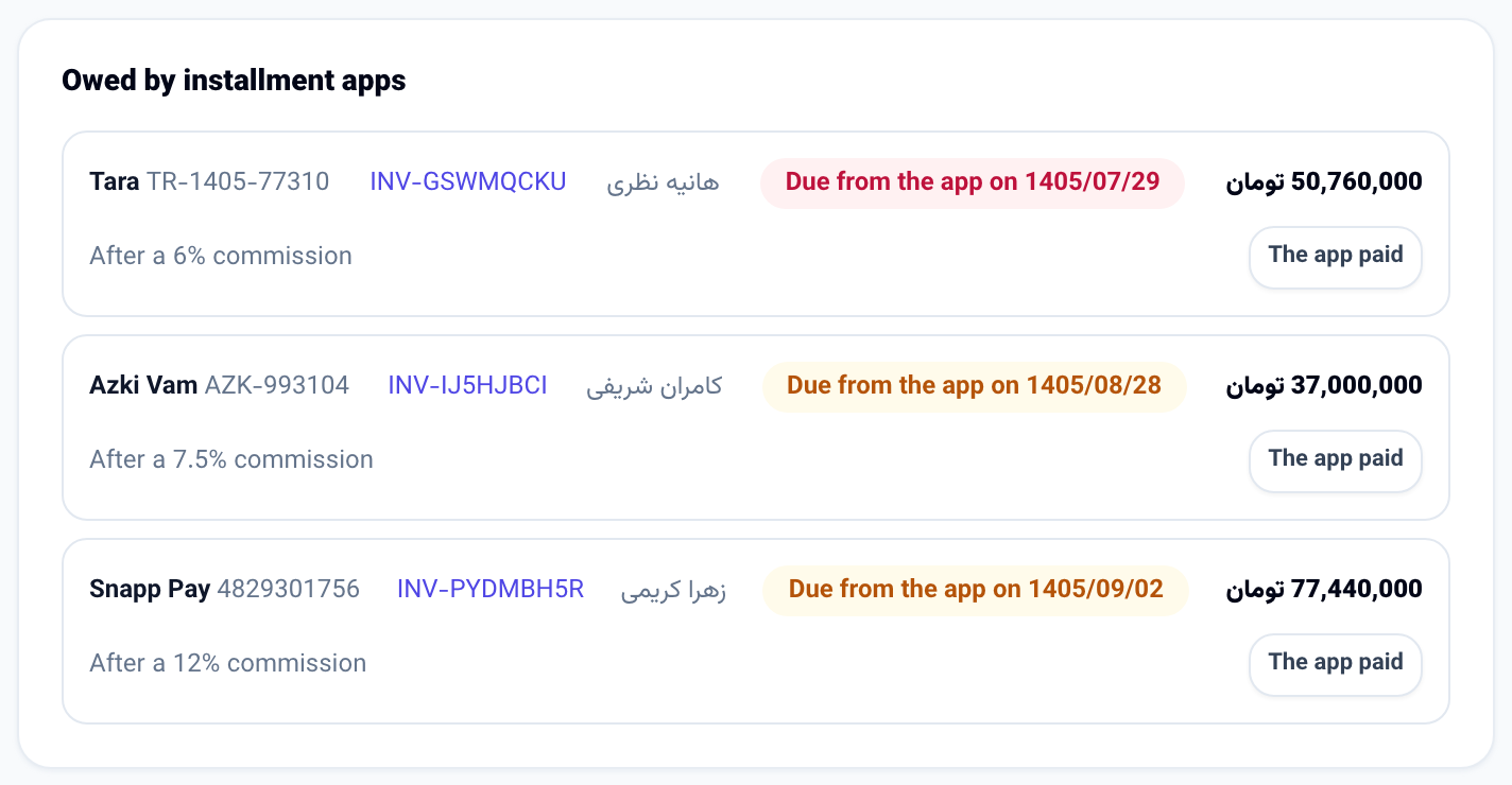 Owed by installment apps in Books: each payment with its tracking code, commission and the day the app pays